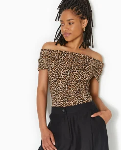 Top Encolure Bardot Motif Léopard - Marron