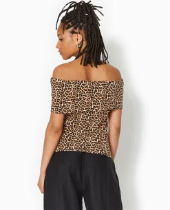 Top Encolure Bardot Motif Léopard - Marron