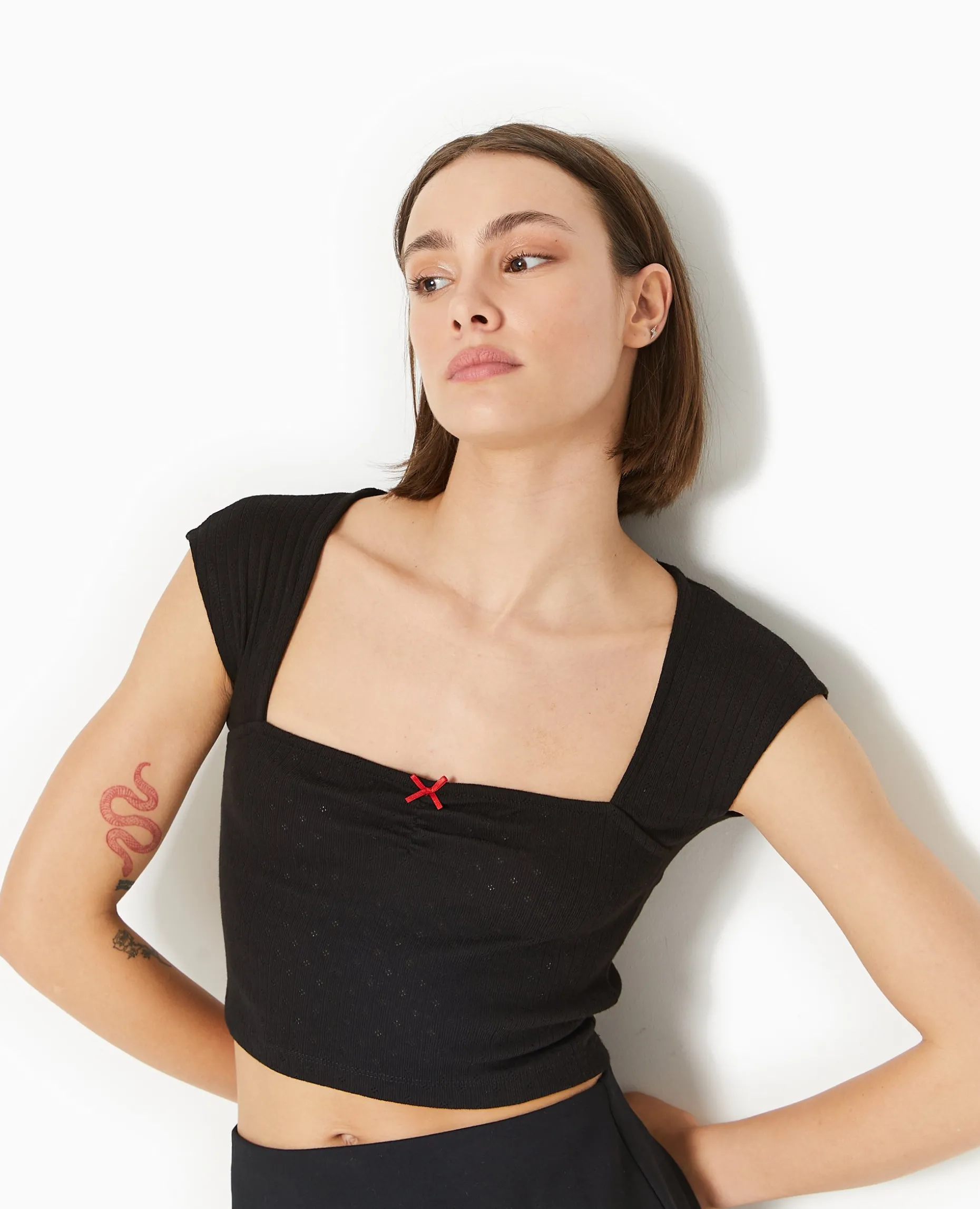 Top Maille Fantaisie Avec Nœud Contrasté - Noir