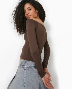 Top Manches Longues Encolure Bardot - Marron