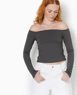 Top Manches Longues Encolure Bardot - Gris Foncé