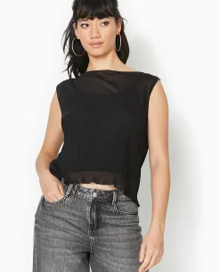 Top Sans Manche En Tulle Plissé - Noir