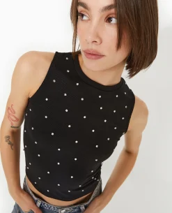 Top Sans Manches Avec Strass En All Over - Noir