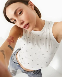 Top Sans Manches Avec Strass En All Over - Blanc
