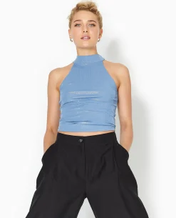 Top Sans Manches Col Montant Avec Lurex - Bleu