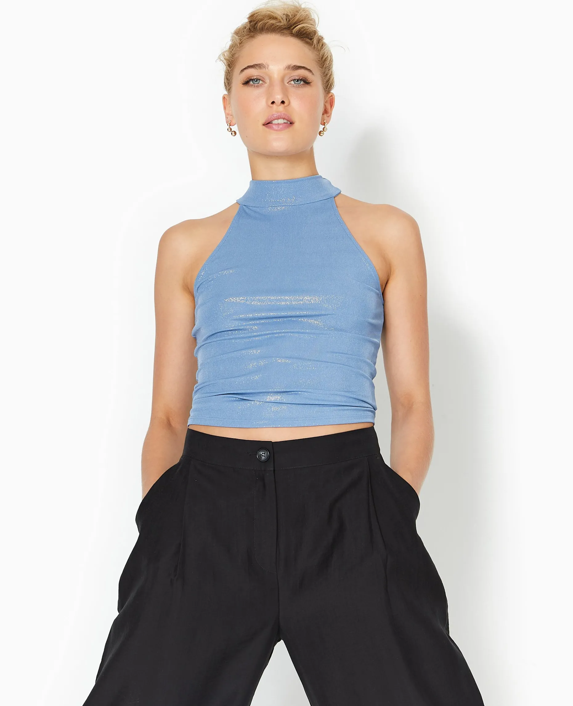 Top Sans Manches Col Montant Avec Lurex - Bleu
