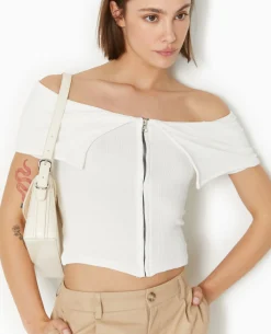 Top Zippé Avec Encolure Bardot - Blanc