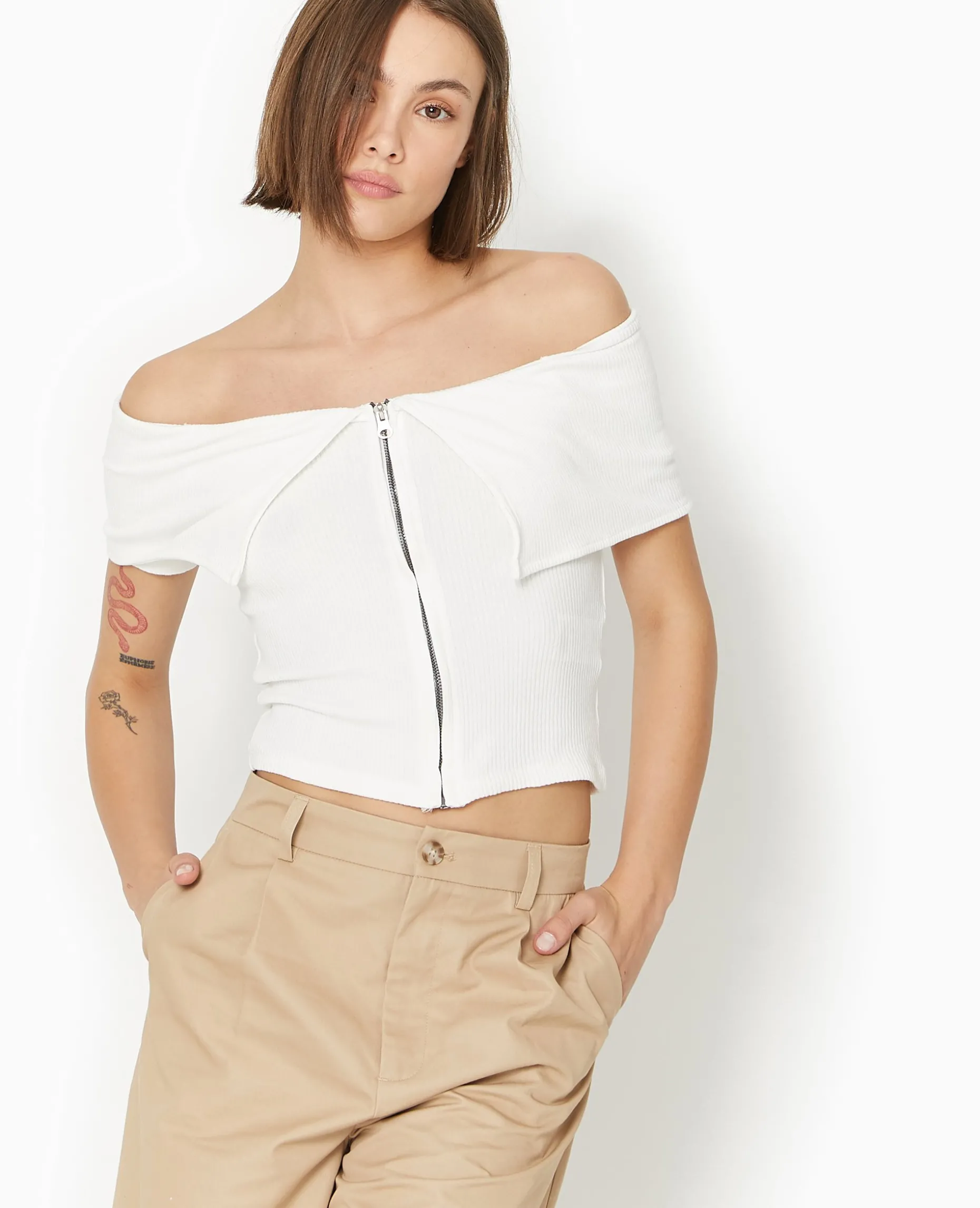 Top Zippé Avec Encolure Bardot - Blanc