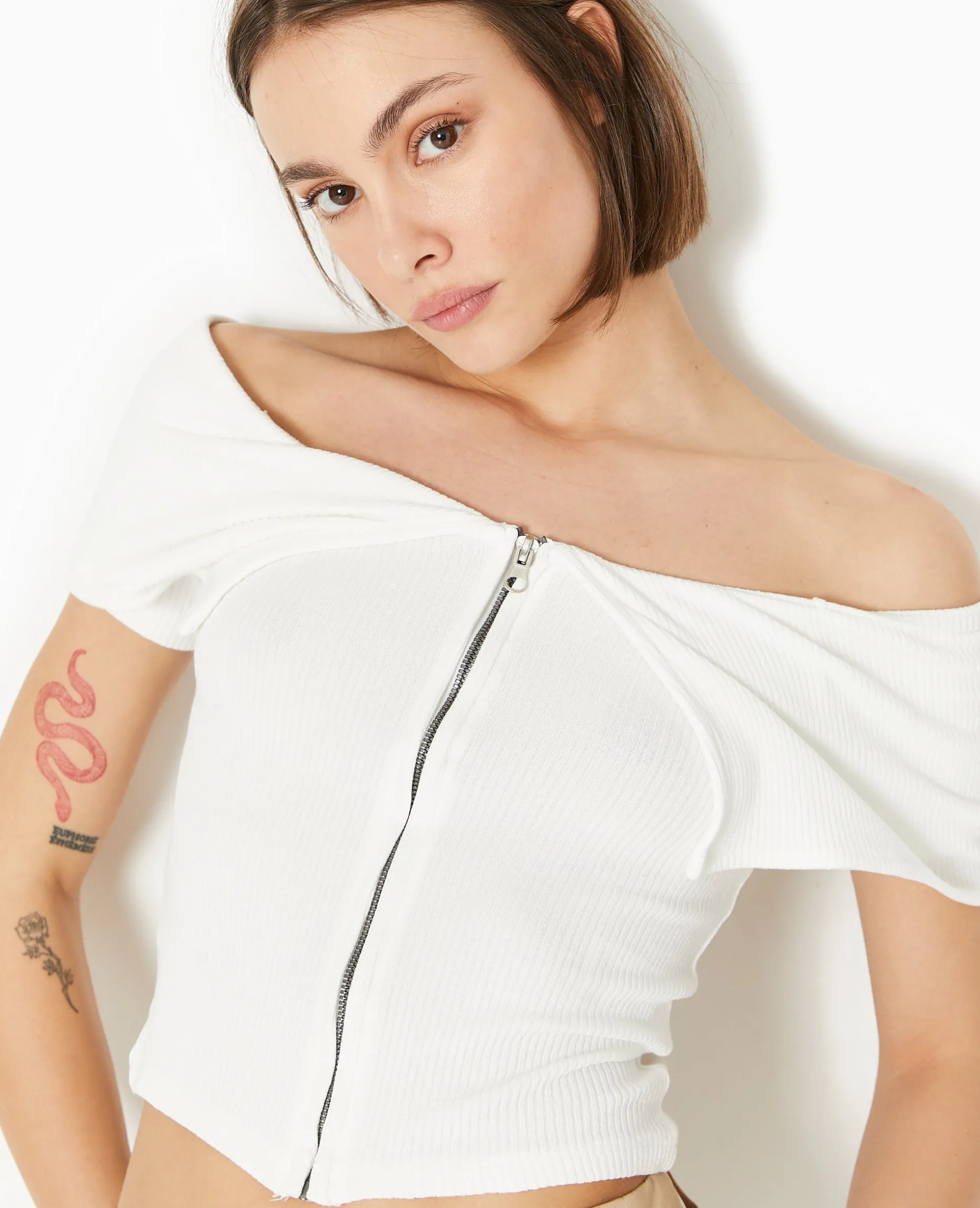 Top Zippé Avec Encolure Bardot - Blanc