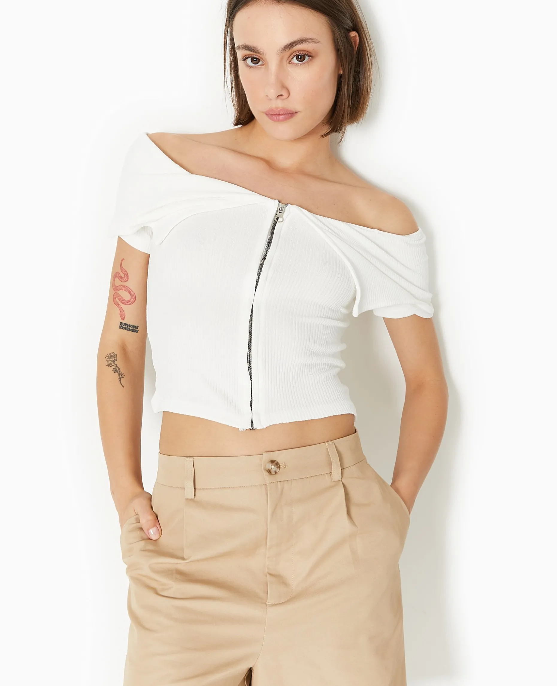 Top Zippé Avec Encolure Bardot - Blanc