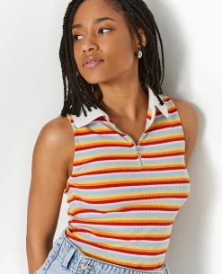 Top Zippé Sans Manches Avec Col Polo - Bleu