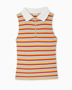 Top Zippé Sans Manches Avec Col Polo - Bleu