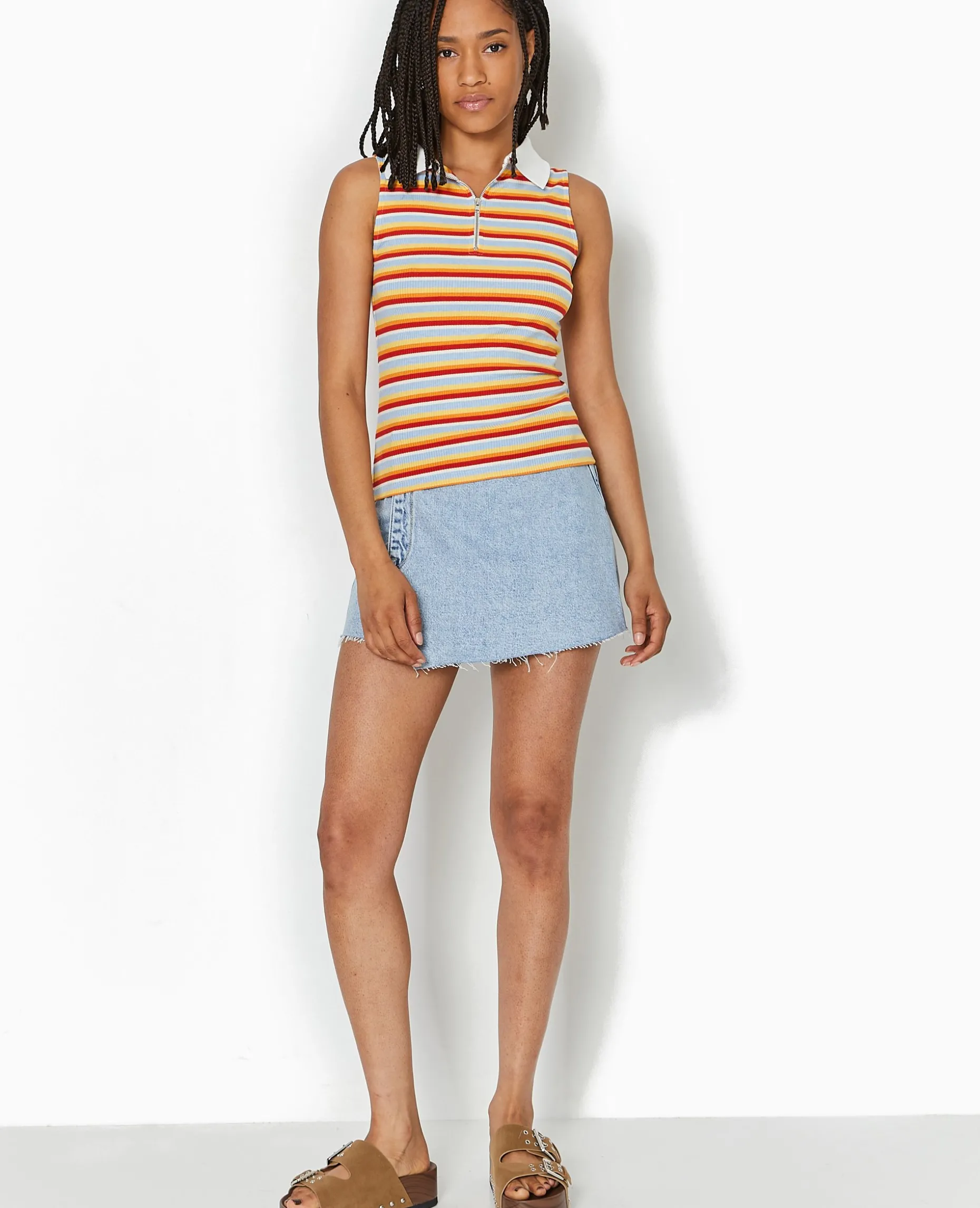 Top Zippé Sans Manches Avec Col Polo - Bleu