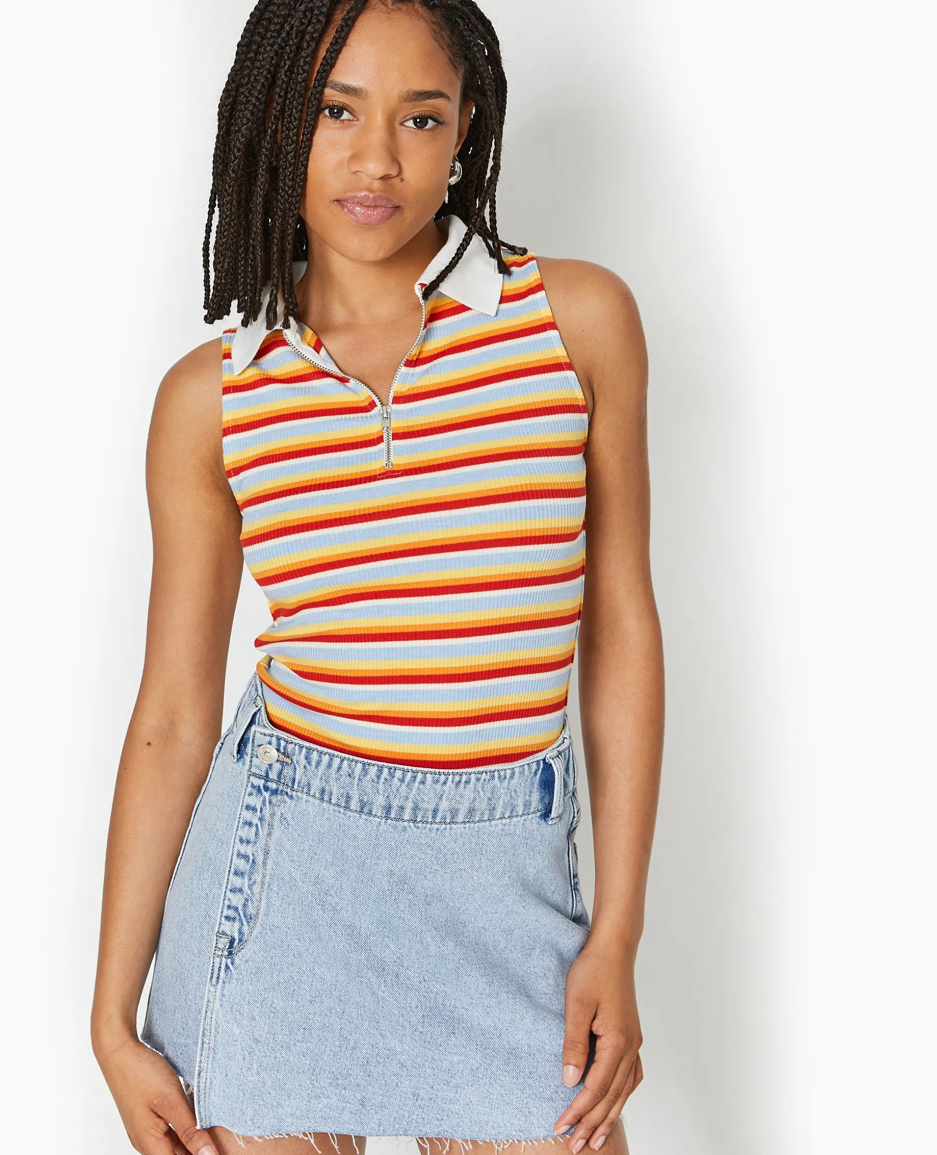 Top Zippé Sans Manches Avec Col Polo - Bleu