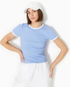 T-shirt Ajusté Avec Bords Contrastés - Bleu