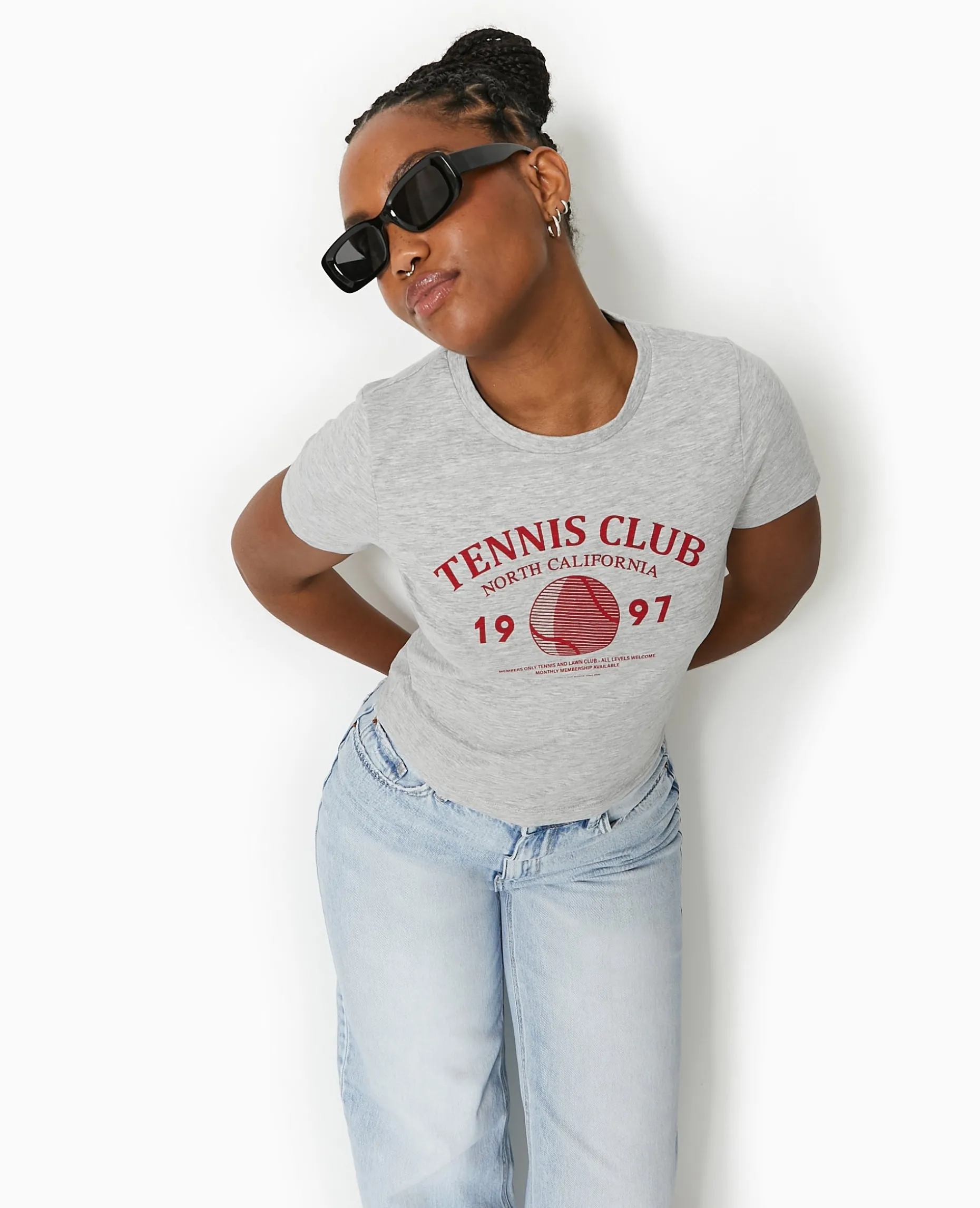 T-shirt Ajusté Avec Print Devant - Gris Chiné