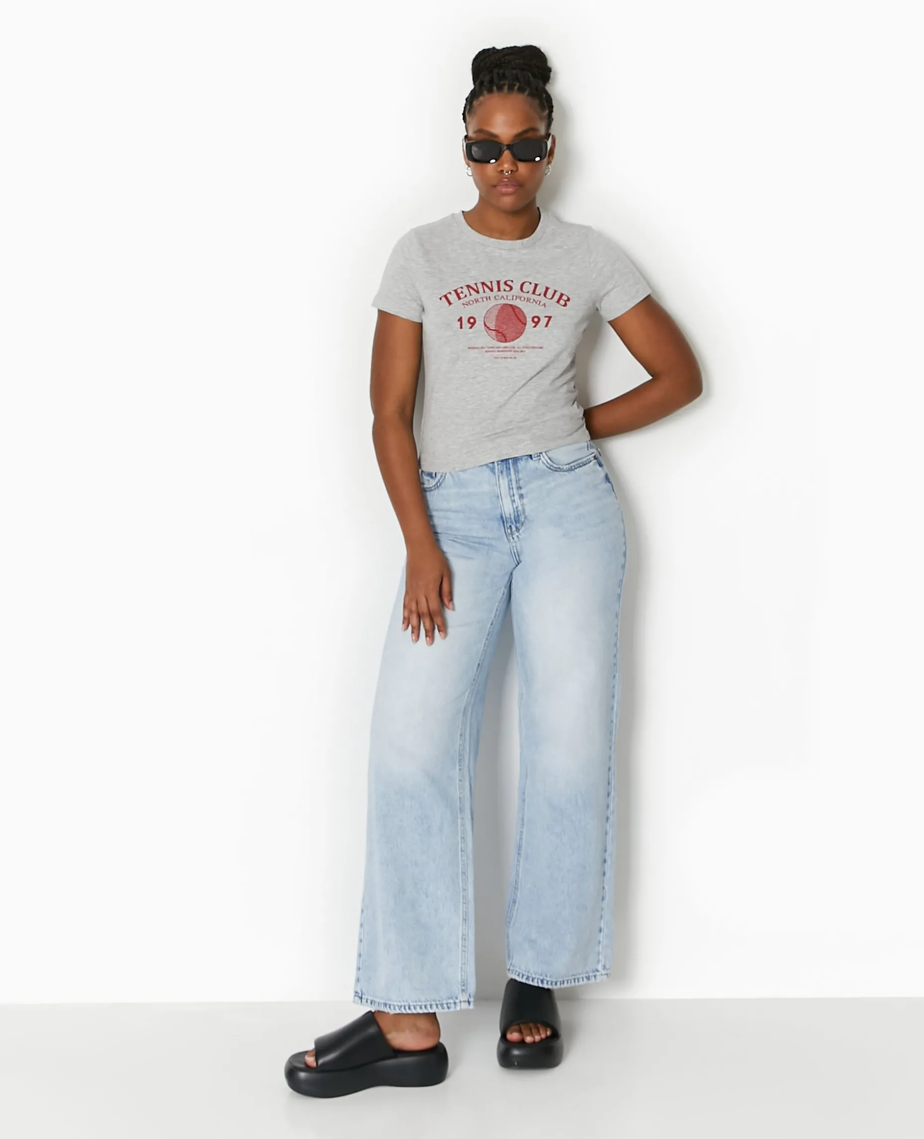 T-shirt Ajusté Avec Print Devant - Gris Chiné