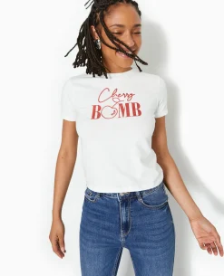 T-shirt Ajusté Avec Print Paillettes Devant - Blanc