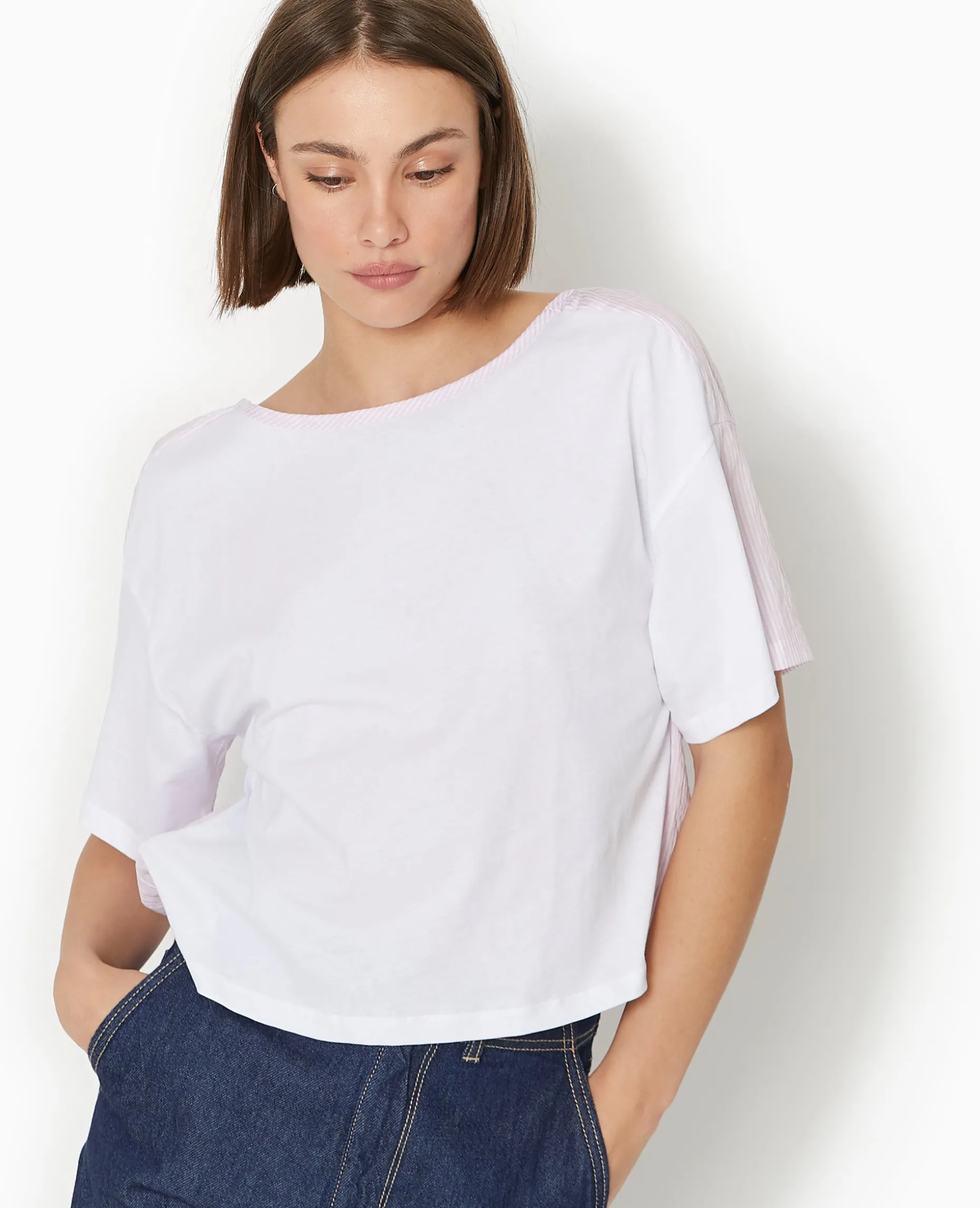 T-shirt Bi-matiè;re Avec Nouettes Dos - écru