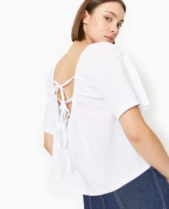 T-shirt Bi-matiè;re Avec Nouettes Dos - Blanc
