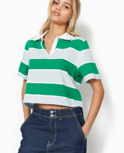 T-shirt Court Col Polo Rayé - Bleu Clair