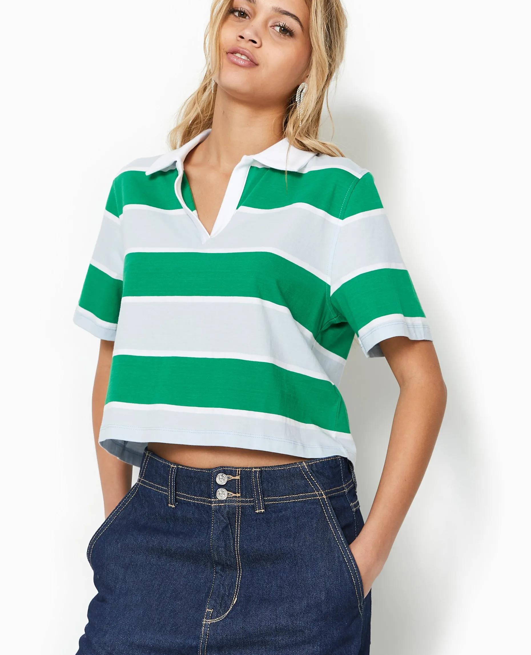T-shirt Court Col Polo Rayé - Bleu Clair