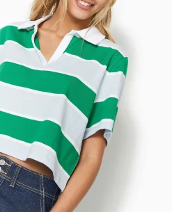 T-shirt Court Col Polo Rayé - Bleu Clair
