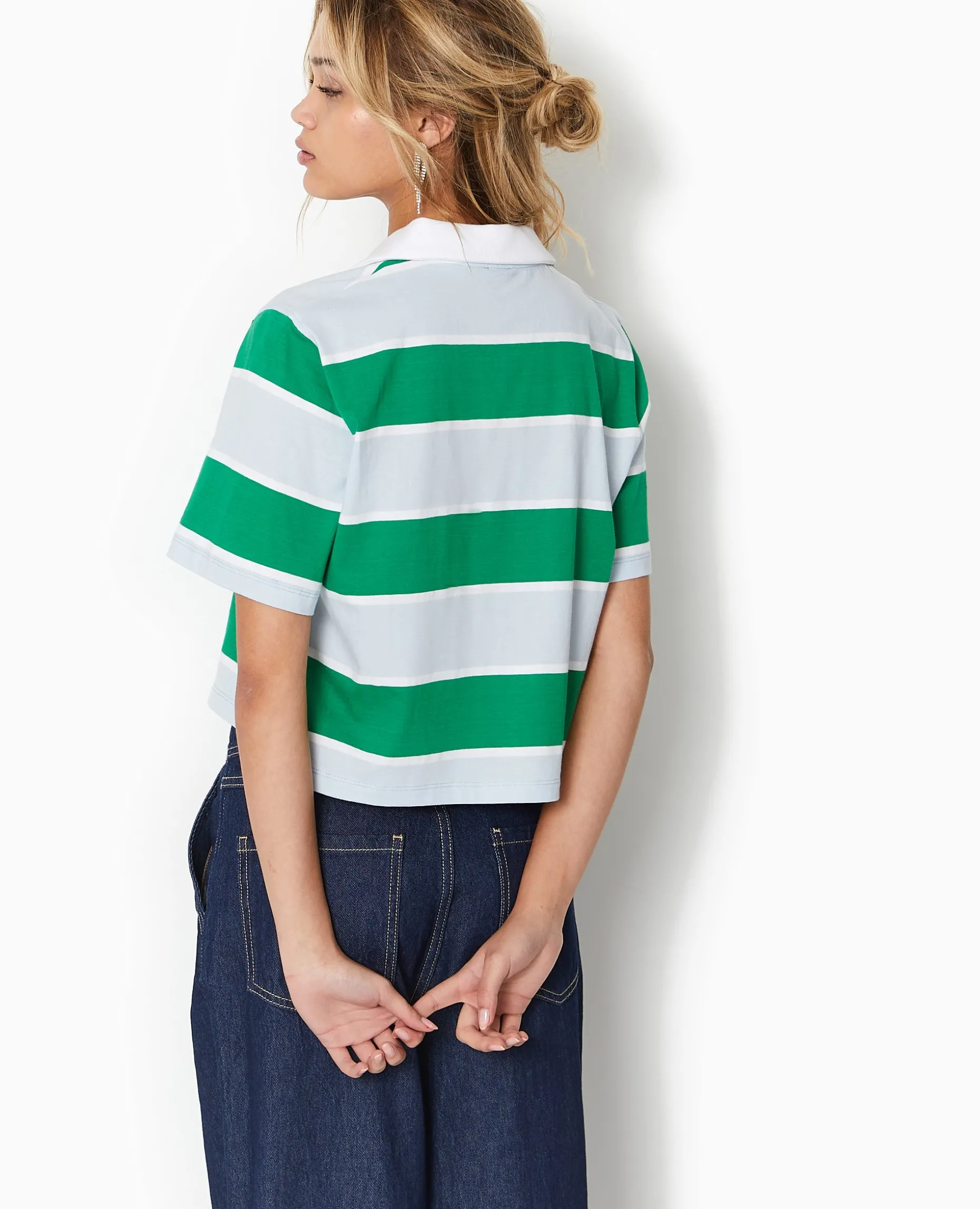 T-shirt Court Col Polo Rayé - Bleu Clair
