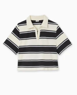T-shirt Court Col Polo Rayé - écru