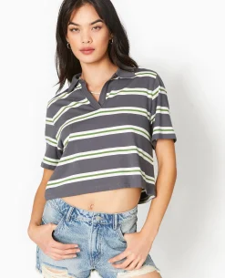 T-shirt Court Col Polo Rayé - Gris Foncé
