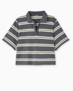T-shirt Court Col Polo Rayé - Gris Foncé