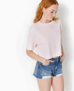 T-shirt Court En Coton épais Effet Délavé - Rose Clair