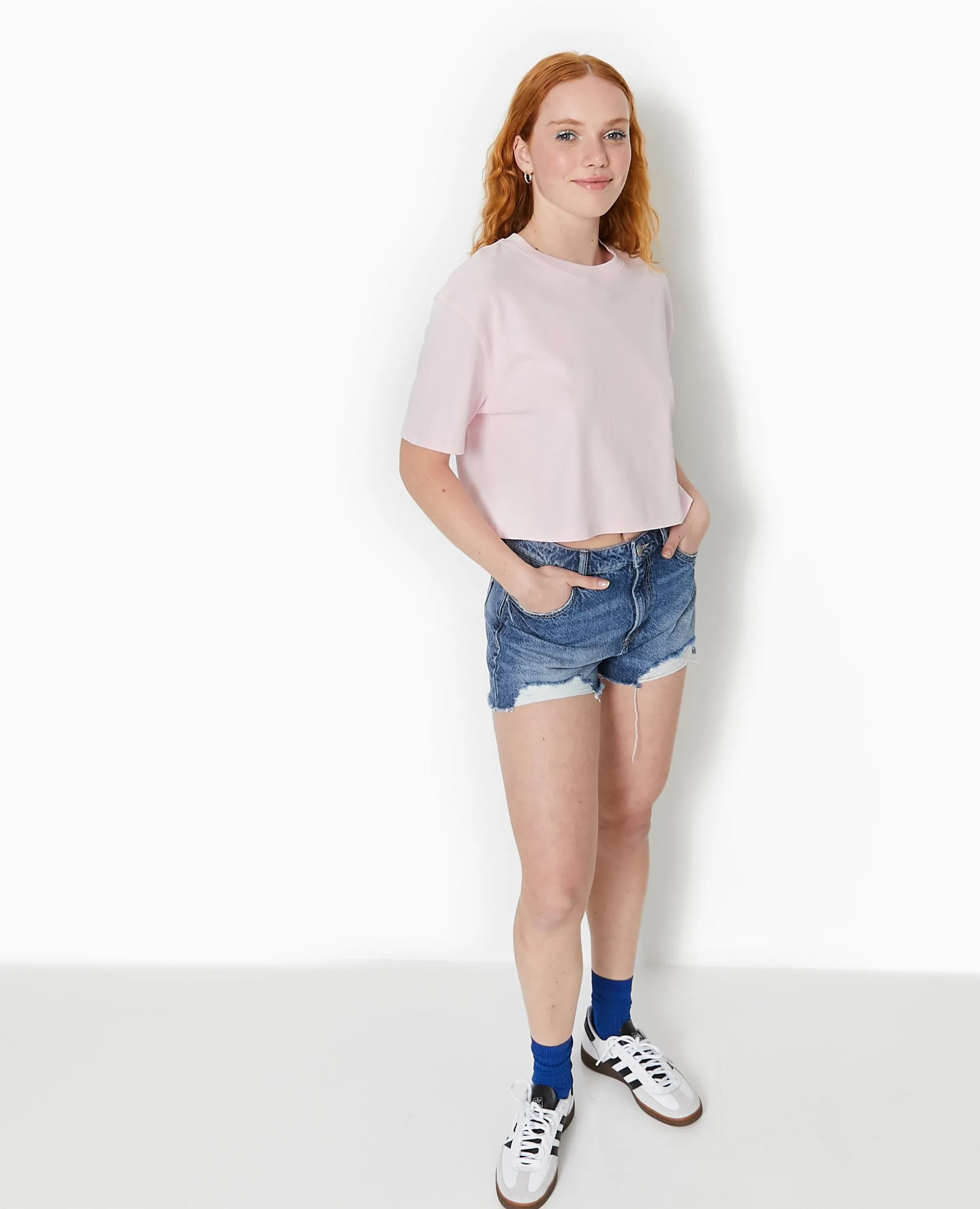 T-shirt Court En Coton épais Effet Délavé - Rose Clair