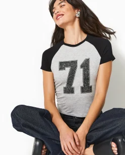 T-shirt Court Manches Raglan Avec Print - Gris Chiné