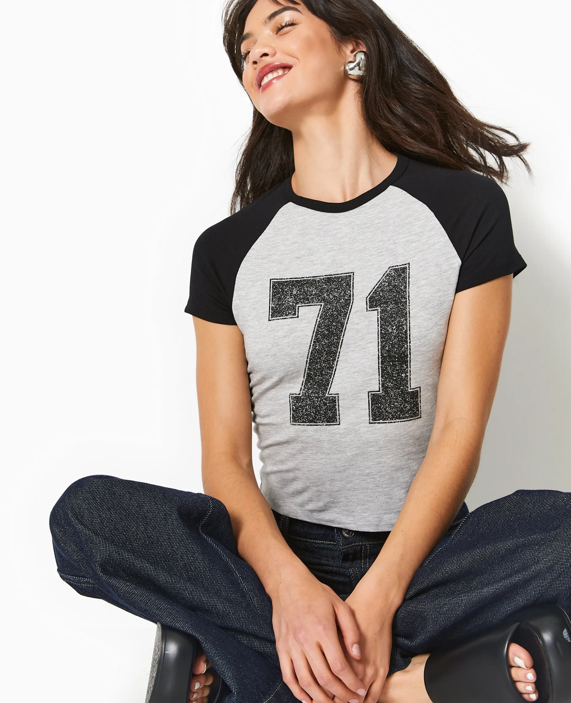 T-shirt Court Manches Raglan Avec Print - Gris Chiné