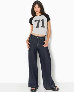 T-shirt Court Manches Raglan Avec Print - Gris Chiné