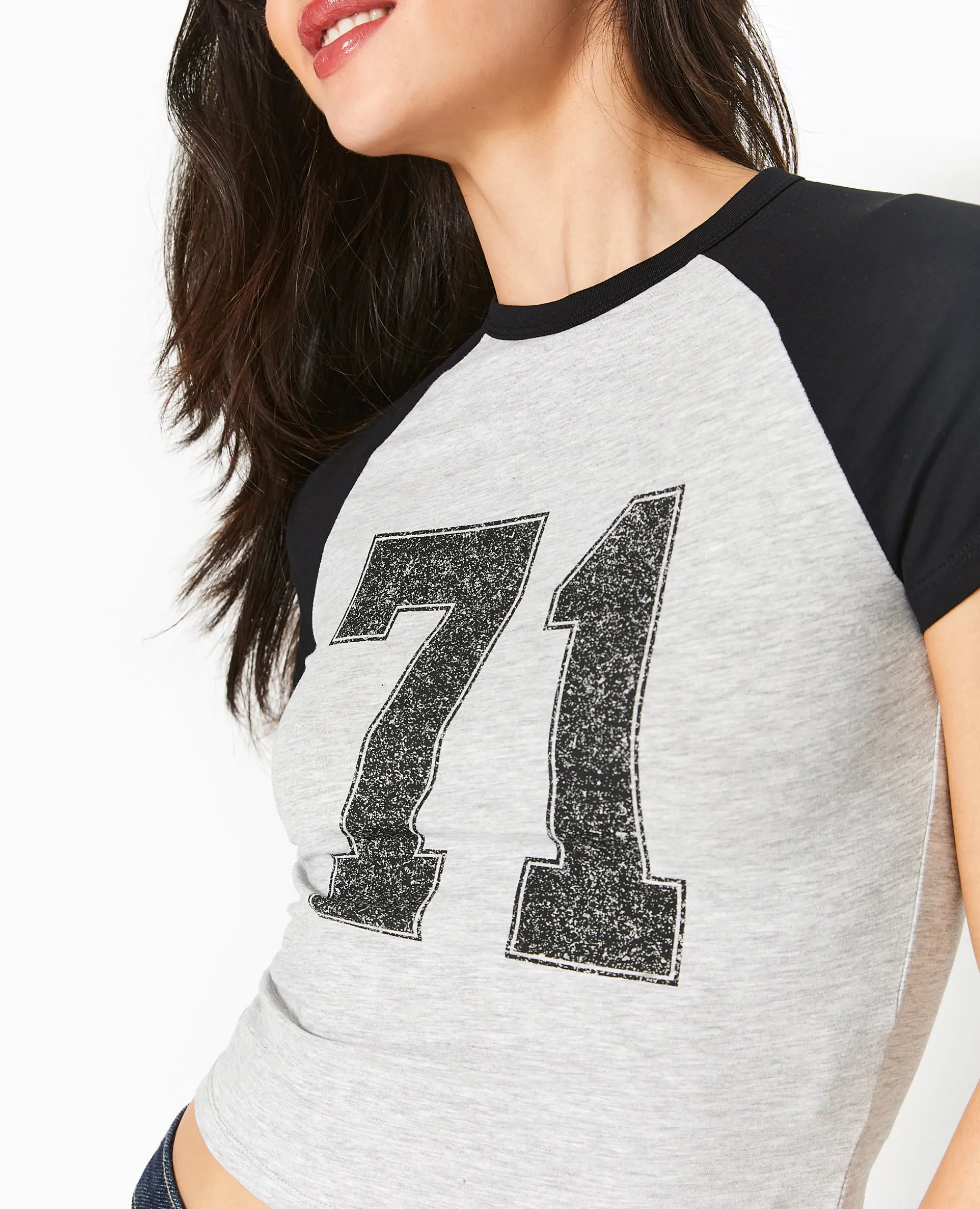 T-shirt Court Manches Raglan Avec Print - Gris Chiné