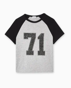 T-shirt Court Manches Raglan Avec Print - Gris Chiné
