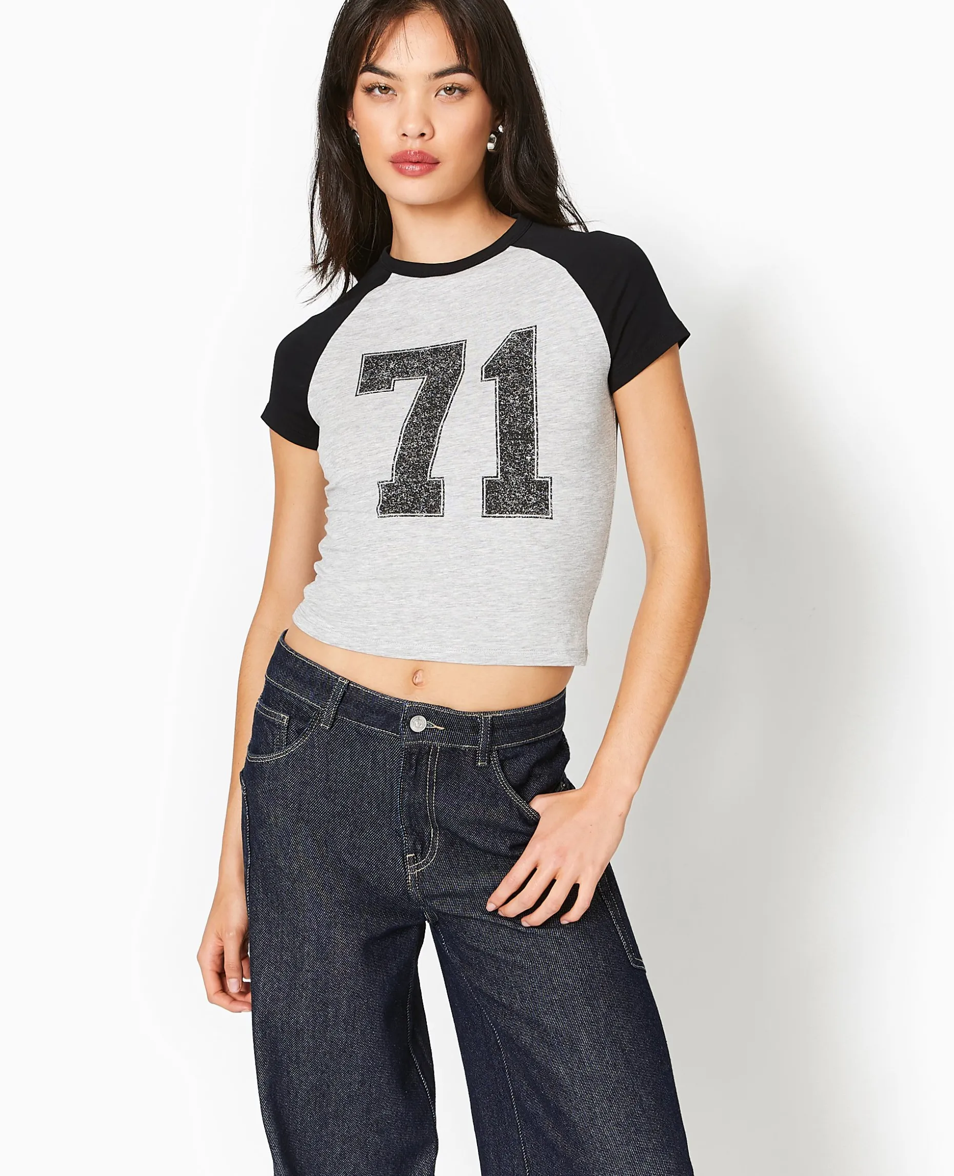 T-shirt Court Manches Raglan Avec Print - Gris Chiné