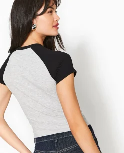 T-shirt Court Manches Raglan Avec Print - Gris Chiné