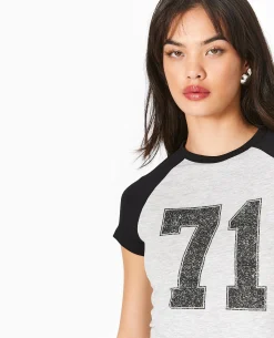 T-shirt Court Manches Raglan Avec Print - Gris Chiné