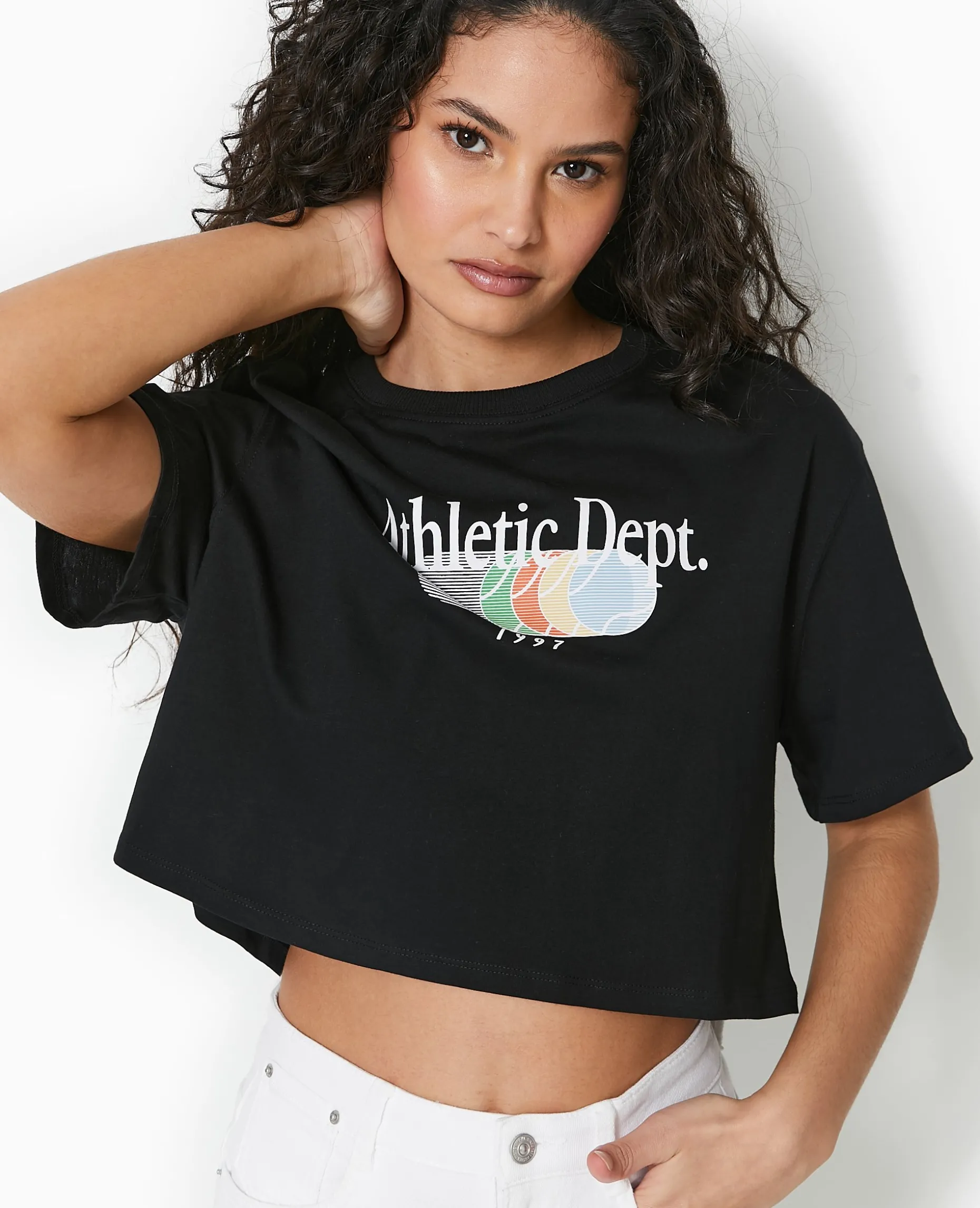 T-shirt Cropped Avec Print Devant - Noir