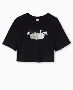T-shirt Cropped Avec Print Devant - Noir