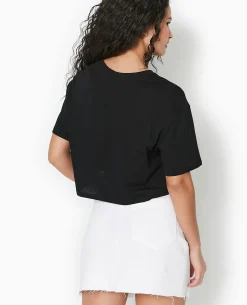T-shirt Cropped Avec Print Devant - Noir
