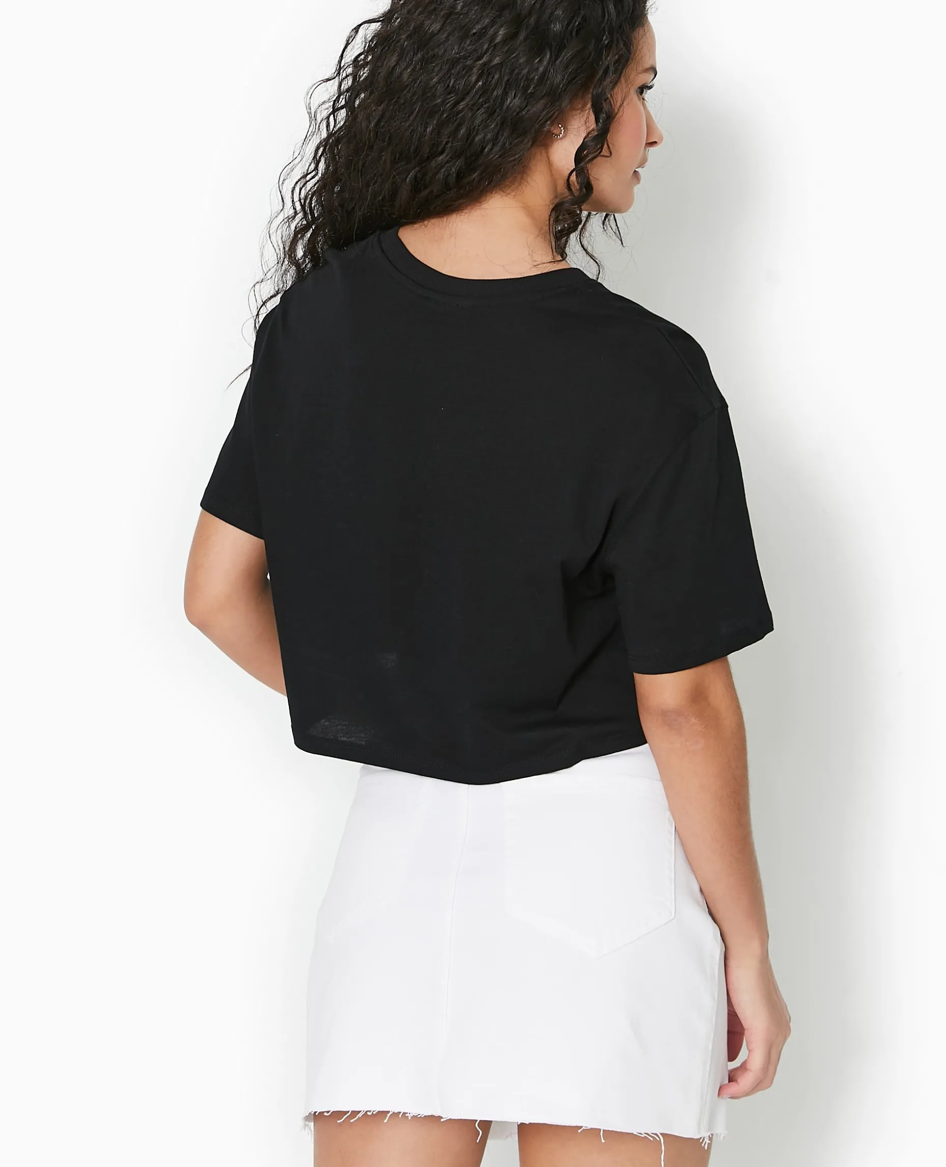 T-shirt Cropped Avec Print Devant - Noir