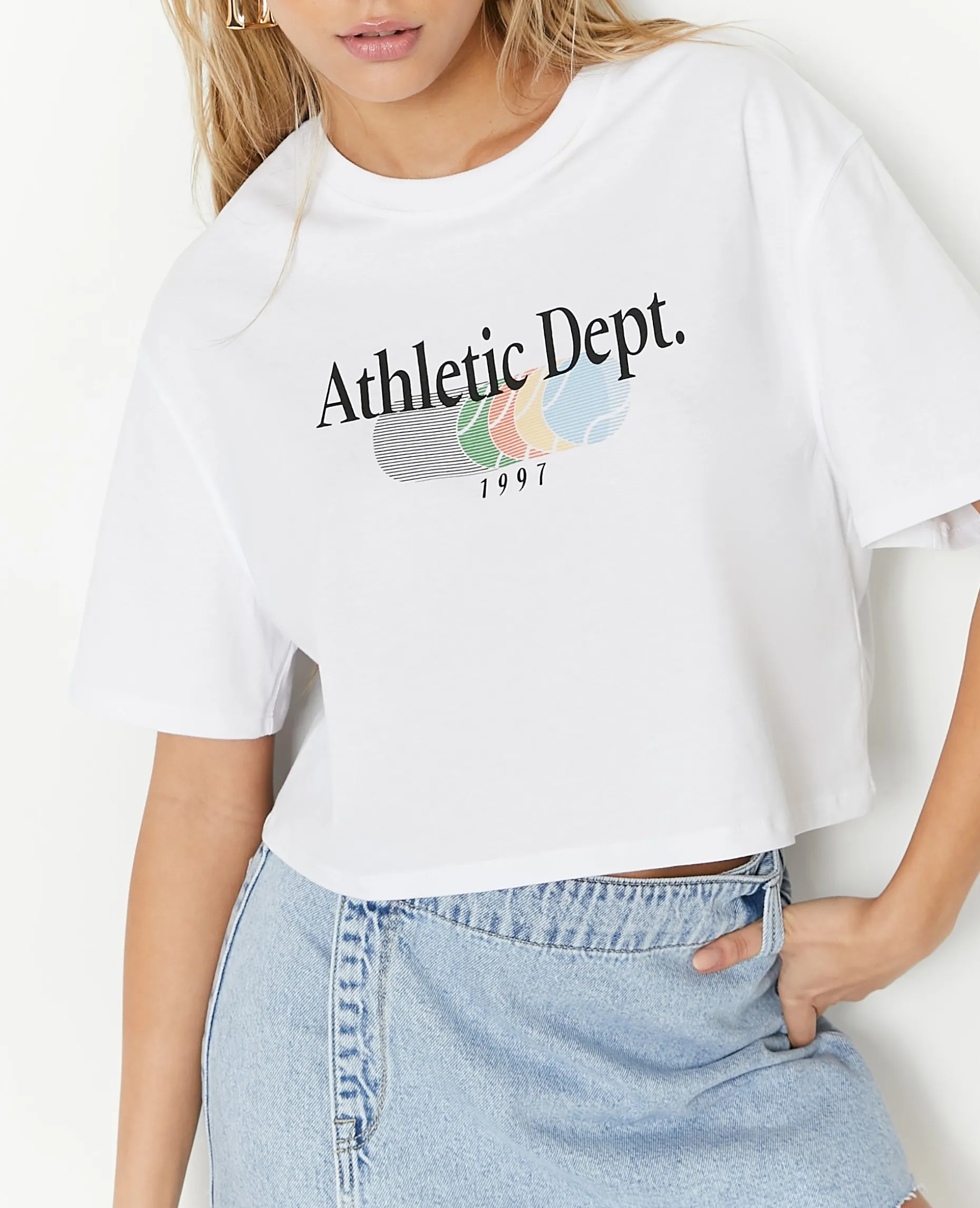 T-shirt Cropped Avec Print Devant - Blanc