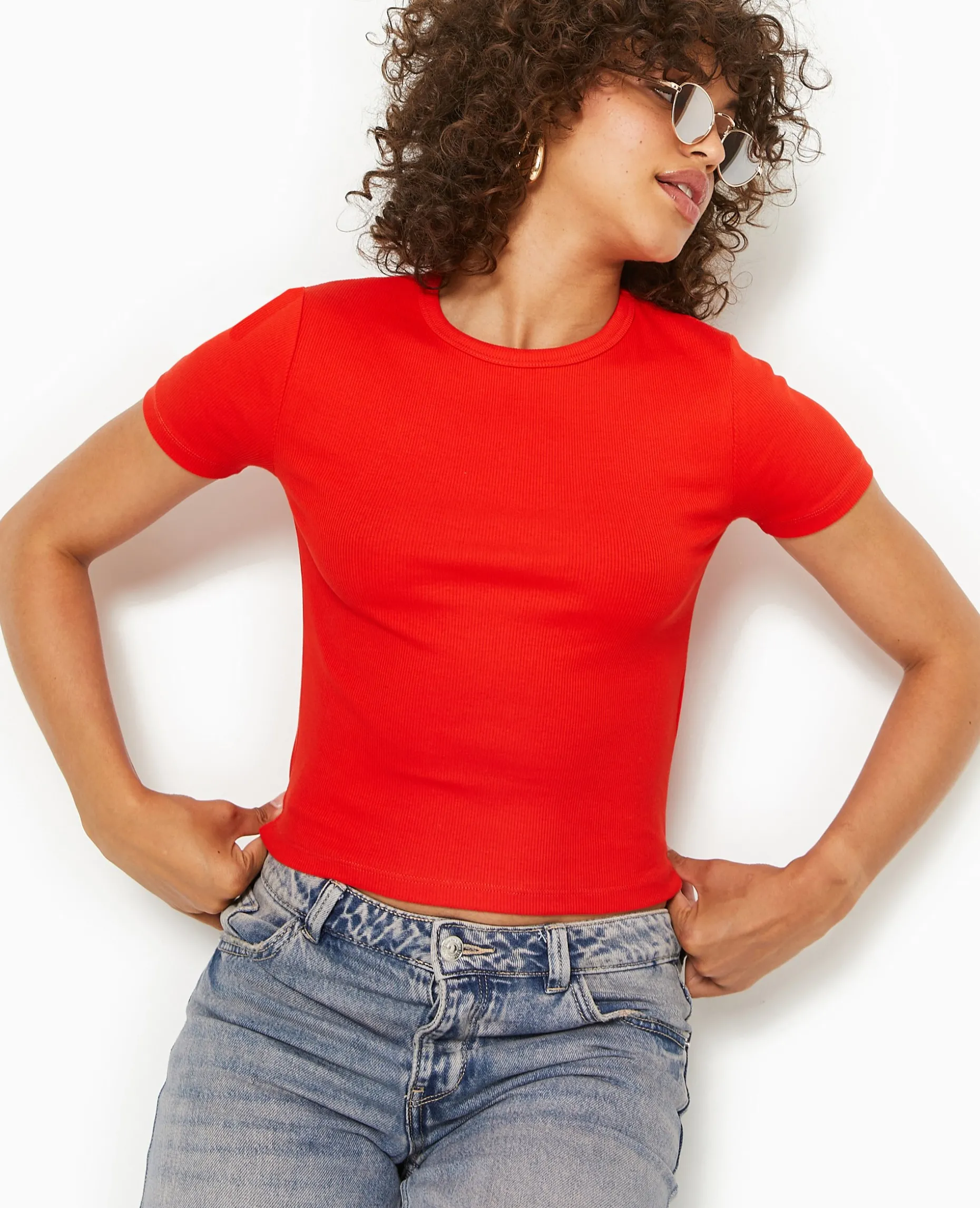 T-shirt En Maille Côtelée - Rouge