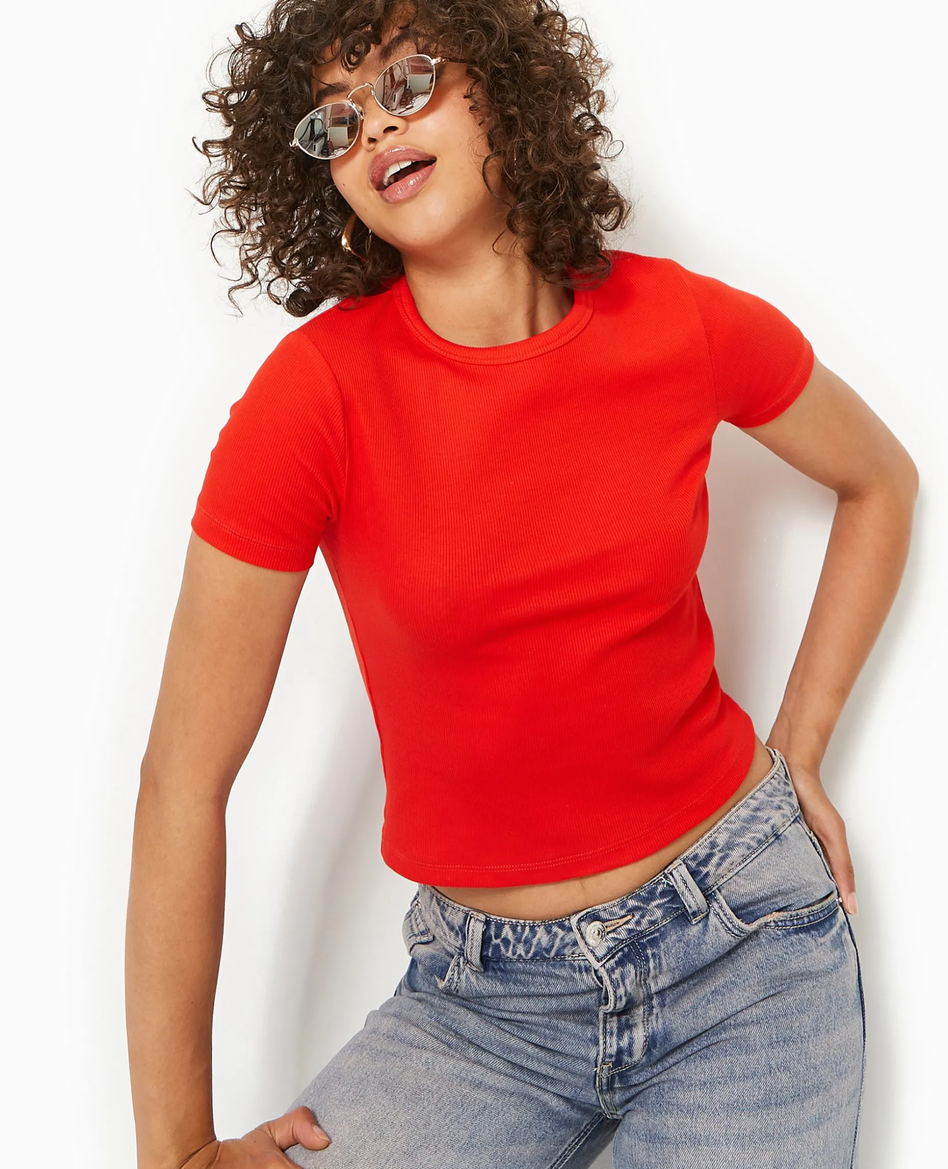 T-shirt En Maille Côtelée - Rouge