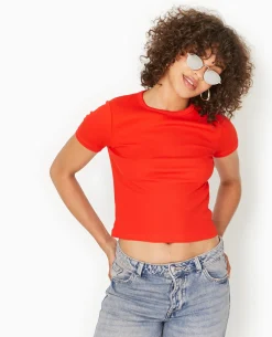 T-shirt En Maille Côtelée - Rouge