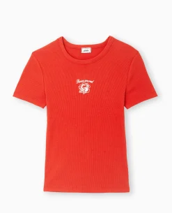 T-shirt En Maille Côtelée Avec Broderie - Rouge